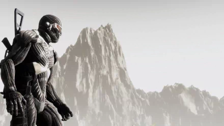 HD PC desktop wallpaper featuring a futuristic soldier from the video game Crysis 2 standing against a mountainous backdrop.