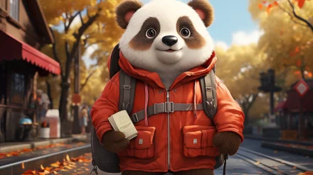 HD wallpaper of an animated panda in a red jacket with a backpack standing in a fall setting.