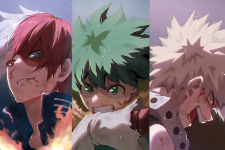 HD desktop wallpaper featuring Shoto Todoroki, Izuku Midoriya, and Katsuki Bakugou from the anime My Hero Academia, showcasing intense and dynamic expressions.