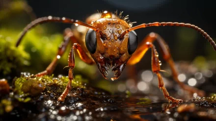 HD desktop wallpaper featuring a close-up, macro shot of an ant with water droplets on its head.