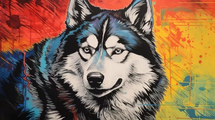 HD wallpaper featuring a vibrant artistic rendition of a Husky dog with a colorful abstract background.