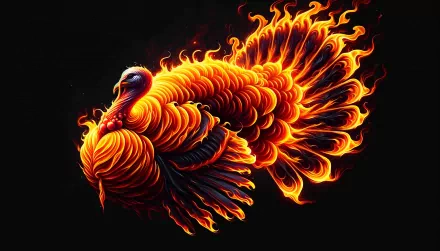 A vibrant HD desktop wallpaper featuring a stylized turkey bird, its feathers transformed into vivid flames of orange and red against a dark background.