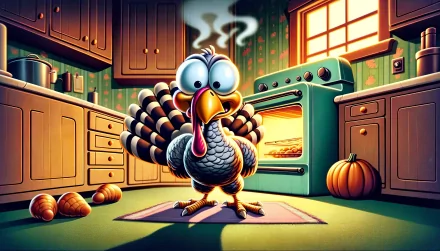 Thanksgiving themed HD wallpaper featuring a cartoon turkey in a festive kitchen setting with pie baking in the oven.