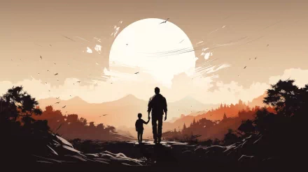 Father and child silhouette against sunset, Father's Day themed HD desktop wallpaper.