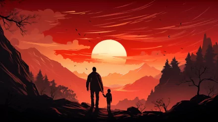 A father and daughter stand hand in hand, silhouetted against a stunning sunset landscape, capturing the warmth of their bond on Father's Day in this vibrant HD wallpaper.