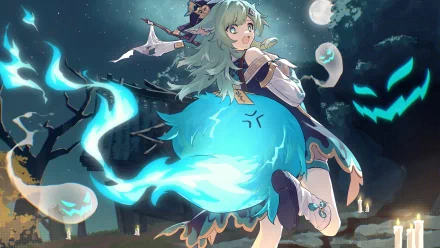 A vibrant HD wallpaper featuring Huohuo from Honkai: Star Rail, showcasing her playful spirit surrounded by ghostly figures in a mystical night setting.