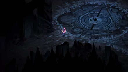 HD desktop wallpaper of 'Death Must Die' featuring a lone character standing on an intricate circular pattern amidst a dark, mysterious cave setting.