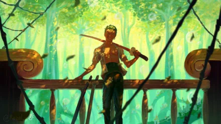 Roronoa Zoro from One Piece standing in a dynamic pose with a background perfect for HD desktop wallpaper.