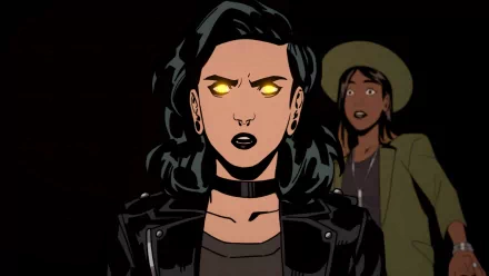 HD wallpaper of 'Stray Gods: The Roleplaying Musical' featuring two animated characters, one with glowing yellow eyes in the foreground and the other looking surprised in the background.