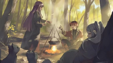 HD PC desktop wallpaper featuring Frieren, Fern, and Stark from the anime Frieren: Beyond Journey's End, gathered around a campfire in a sunlit forest.