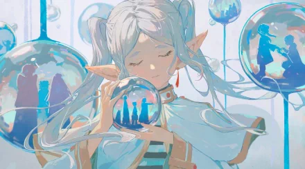 HD PC desktop wallpaper featuring Frieren from the anime Frieren: Beyond Journey's End, holding a glowing orb with serene expression and soft, pastel-colored background.