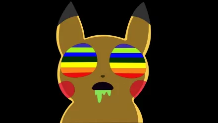 Trippy HD wallpaper featuring a colorful, cartoonish Pikachu with striped, vibrant eyes and a playful expression, blending anime aesthetics with psychedelic elements.