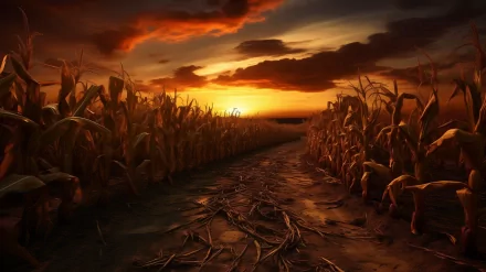 HD desktop wallpaper featuring a cornstalk-lined path at sunset with vibrant orange and red skies.