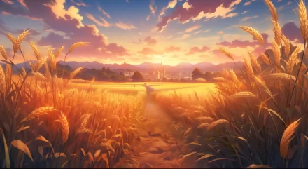 A serene sunset over a golden wheat field, framed by rolling hills and a gentle path, capturing the essence of harvest and the beauty of nature in HD wallpaper quality.