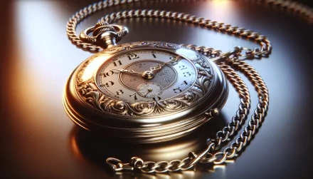 A close-up of an ornate silver pocket watch with intricate details and a chain, set against a softly illuminated background, making for a striking HD desktop wallpaper.