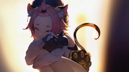 Diona (Genshin Impact) from the video game Genshin Impact cuddles a black cat in warm backlight — 8K Ultra HD PC desktop wallpaper/background.