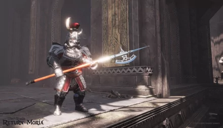 HD wallpaper featuring a warrior from The Lord of the Rings: Return to Moria in a majestic Dwarven hall.