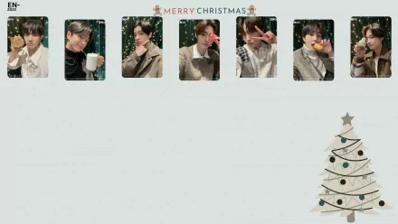 HD PC desktop wallpaper featuring ENHYPEN members in festive attire with Merry Christmas text and a decorated Christmas tree, blending music and holiday spirit.