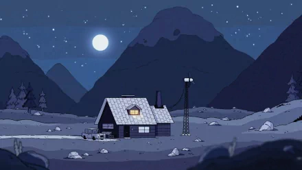 HD desktop wallpaper featuring a cozy cabin at night from the animated series Hilda, set against a backdrop of mountains and a starry sky with a full moon.