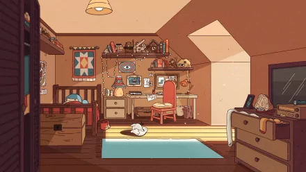 Hilda themed HD desktop wallpaper featuring a cozy, detailed room with eclectic decor and a serene atmosphere.