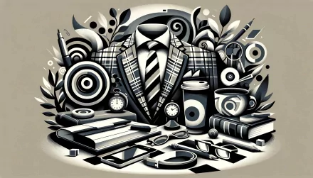 High-definition desktop wallpaper featuring stylized preppy elements, including a suit, tie, watch, and coffee cup in a monochrome palette.