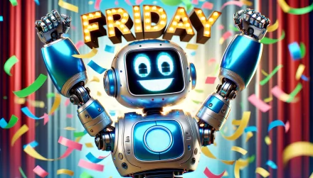 HD wallpaper of a cheerful robot celebrating Friday with confetti and festive decorations for a joyful desktop background.
