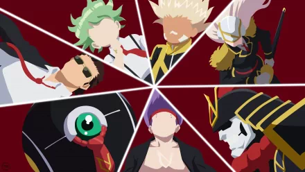 Minimalist anime-style illustration of Undead Unluck characters arranged in a circular pattern, presented as a vibrant 4K Ultra HD PC desktop wallpaper.