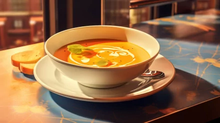 A vibrant bowl of soup adorned with cream and fresh herbs sits on a stylish table, accompanied by slices of bread, creating a cozy food scene for an HD desktop wallpaper.