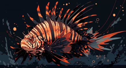 HD desktop wallpaper featuring a vividly illustrated lionfish with striking fins against a dark background.