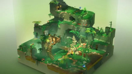 HD desktop wallpaper featuring a LEGO Bricktales vibrant jungle diorama scene with intricate Lego structures and foliage.