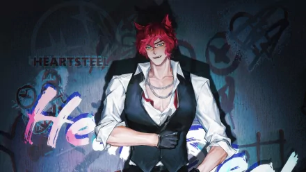 HD desktop wallpaper featuring Sett from League of Legends in the Heartsteel theme, with a cool graffiti-style backdrop and the word 'Heartsteel' prominent in the design.