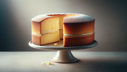 A beautifully styled sponge cake on a pedestal, showcasing a slice cut out, with soft lighting highlighting its texture. This image serves as an HD desktop wallpaper and background.