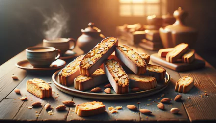 HD wallpaper of delicious almond biscotti on a plate with a cup of coffee in a warm, rustic setting.