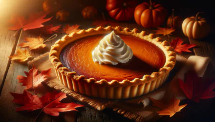 A delicious pumpkin pie topped with whipped cream, surrounded by vibrant autumn leaves and pumpkins, creating a warm, inviting HD desktop wallpaper background.