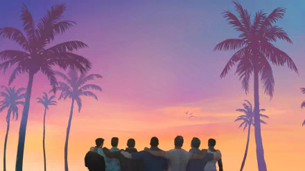 Group of people silhouette enjoying sunset with palm trees - HD tropical desktop wallpaper