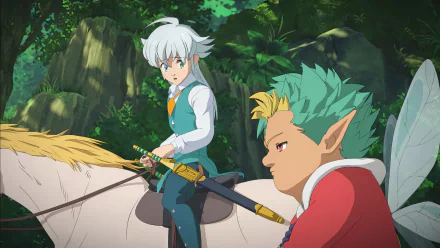 HD wallpaper featuring characters from 'The Seven Deadly Sins: Grudge of Edinburgh' movie riding a horse through a lush forest.