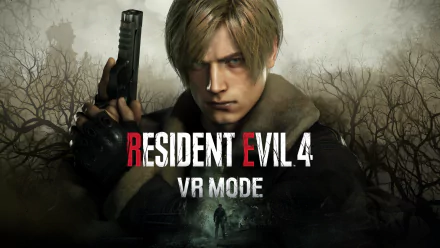 A HD wallpaper featuring Resident Evil 4 (2023) in VR mode, showcasing the main character with a gun, set against a dark, atmospheric background.