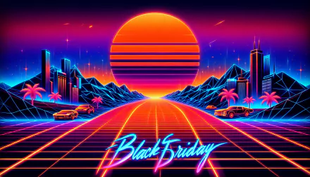 Vibrant retro synthwave style Black Friday wallpaper featuring a neon cityscape with a large setting sun and palm trees, in high-definition.