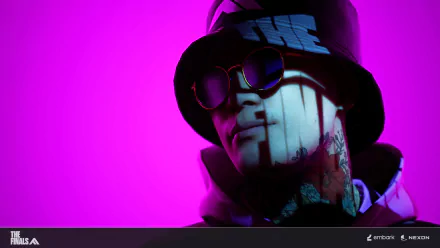 Cool character from The Finals video game featured in an HD desktop wallpaper with a vibrant purple background for a stylish gaming aesthetic.