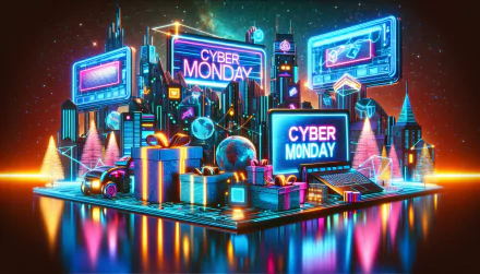 Cyber Monday themed HD wallpaper featuring a vibrant neon cityscape with digital displays and a laptop highlighting Cyber Monday deals.