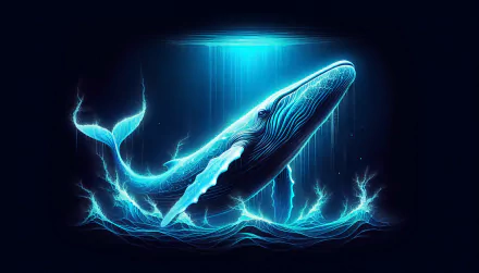 A stunning HD desktop wallpaper featuring a blue whale gracefully breaching the ocean's surface, illuminated by vibrant blue light and surrounded by energetic waves.
