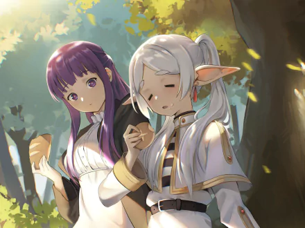 HD PC desktop wallpaper featuring Fern and Frieren from the anime Frieren: Beyond Journey's End, set in a serene forest scene with warm, natural lighting.