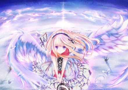 Anime angel with long blonde hair and large white wings soars in a vibrant, ethereal sky, captured in an HD PC desktop wallpaper background.