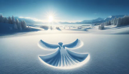 HD desktop wallpaper featuring a pristine snow angel under a brilliant sun in a snowy landscape with evergreen trees and mountains in the background.