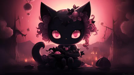 Kuromi Hello Kitty HD desktop wallpaper featuring a stylized black cat character with pink eyes set against a dark whimsical background with floating elements.