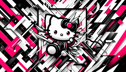 HD Hello Kitty desktop wallpaper with a dynamic geometric black, white, and pink background.