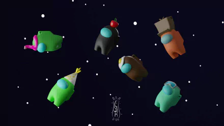 HD Among Us desktop wallpaper featuring colorful crewmate characters floating in space.