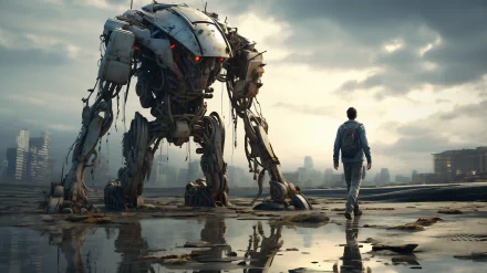 A high-definition desktop wallpaper featuring a towering mecha robot looming over a person in a desolate cityscape, evoking a sense of awe and adventure.