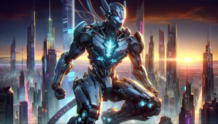 A stunning HD desktop wallpaper featuring a futuristic mecha robot poised against a vibrant city skyline at sunset, showcasing advanced technology and dynamic design.