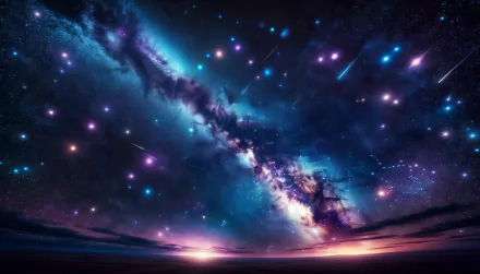 A stunning starry night scene displays a vibrant galaxy filled with colorful stars and meteors, creating a captivating HD desktop wallpaper and background.